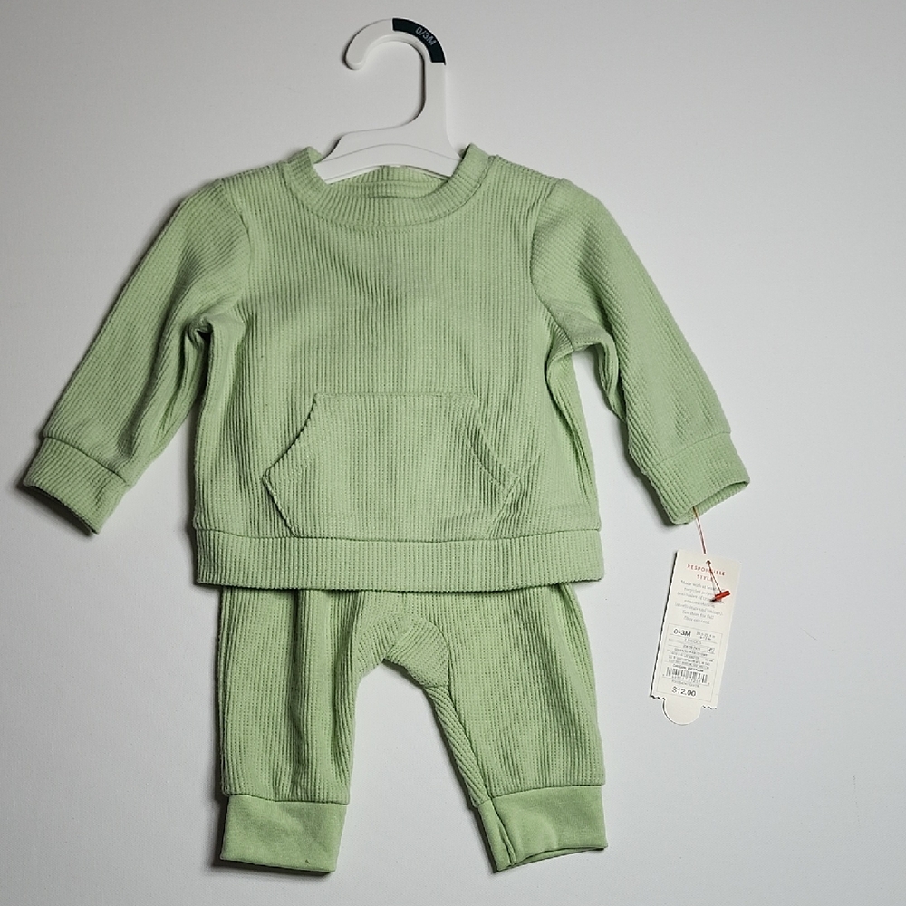 🍼 Baby 2-Piece Ribbed Outfit Set (0–3M) – Green | Organic Cotton